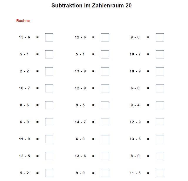 Matheaufgaben für 1. Klasse Grundschule Subtrahieren Zahlenraum bis 20