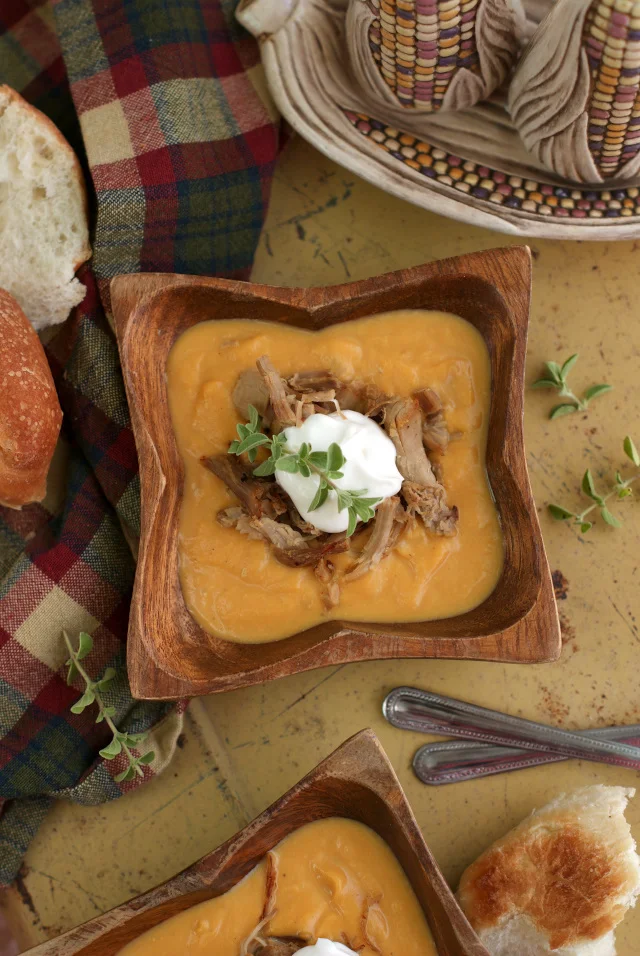 Roasted Butternut Squash Soup with Shredded Turkey