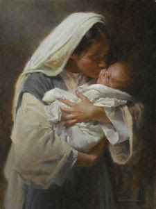 Imagen de María besando al niño Jesús en sus brazos. Obra titulada 'Besando la cara de Dios', de Morgan Weistling