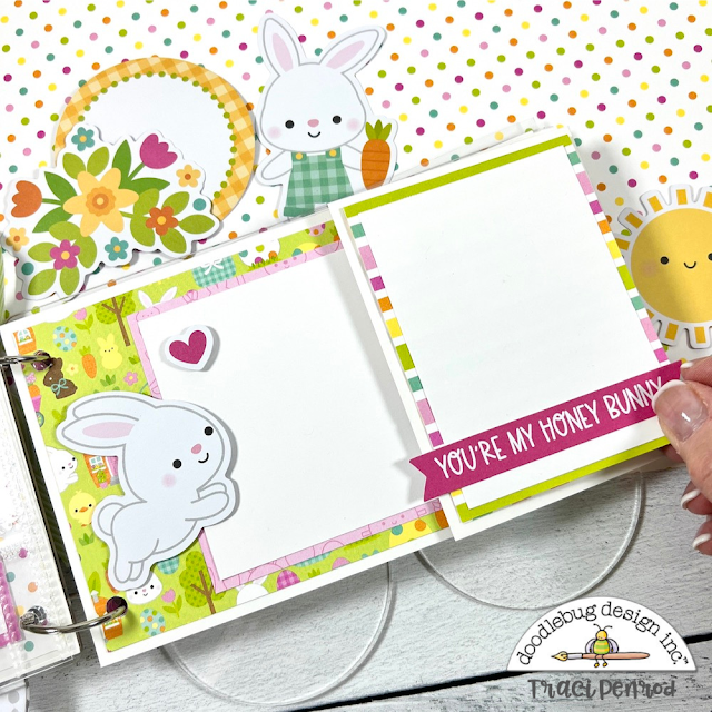 Easter & spring scrapbook album page with bunny rabbits, chicks, carrots, and photo mats