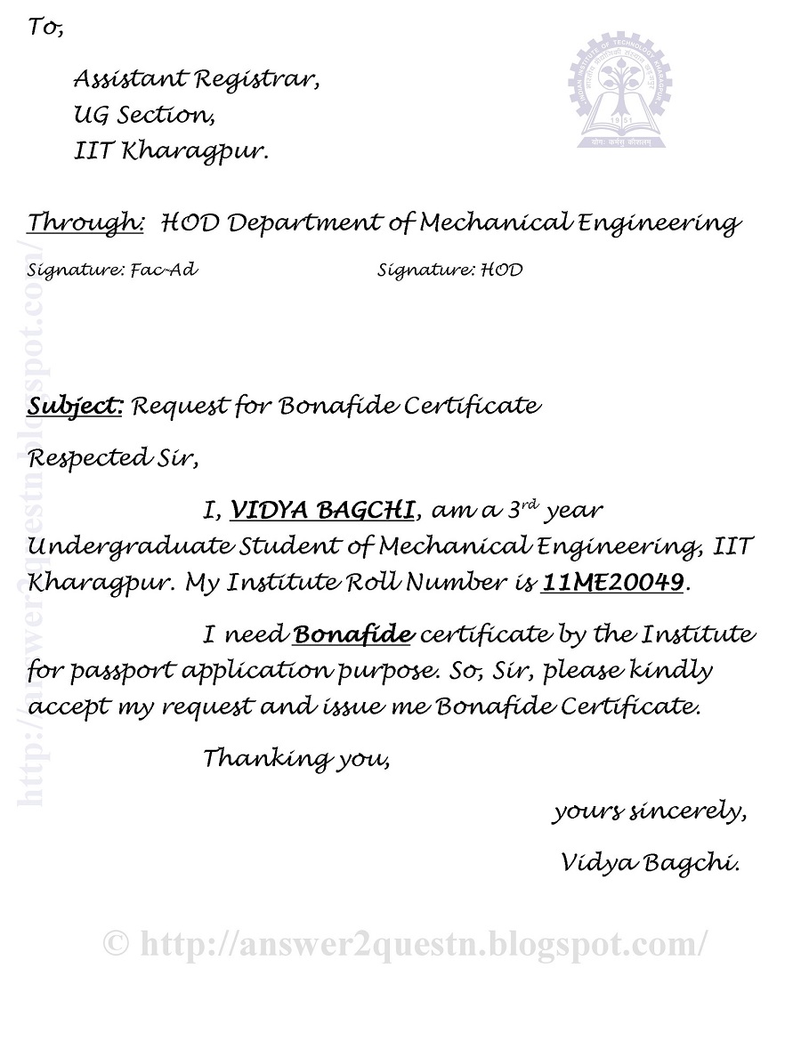 Application letter bonafide certificate college