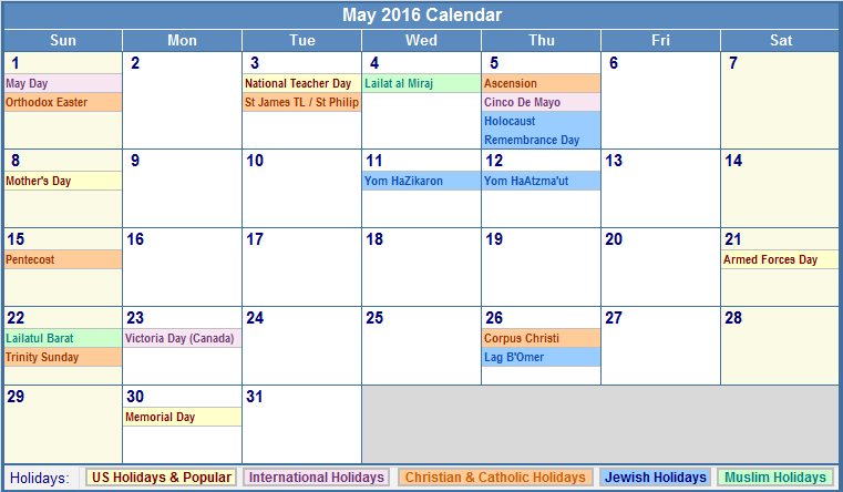 May 16 Calendar With Holidays Usa Uk Canada