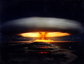 Atomic bomb blast, nuclear mushroom, mushroom cloud, hypocenter, ground zero, thermonuclear hydrogen bomb strike, mass destruction