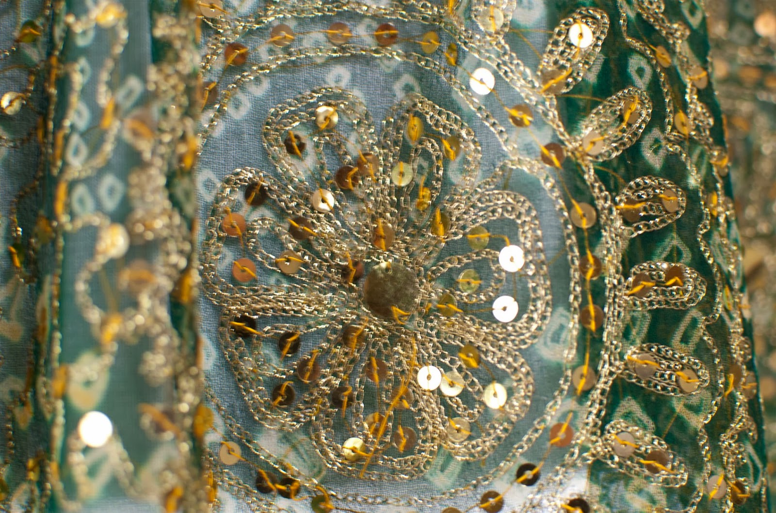 Close up photo of sequin embroidery on apron