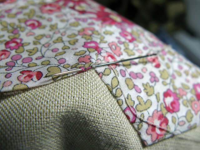 Slip stitch hexagons flowers onto fabric ~ Threading My Way