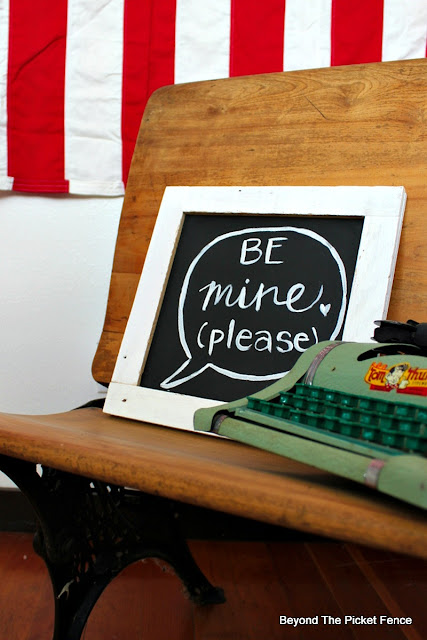 valentine sign, hand lettered, be mine, old schoolhouse, chalkboard paint, diy, valentine decor, http://bec4-beyondthepicketfence.blogspot.com/2016/01/be-mine-sign.html