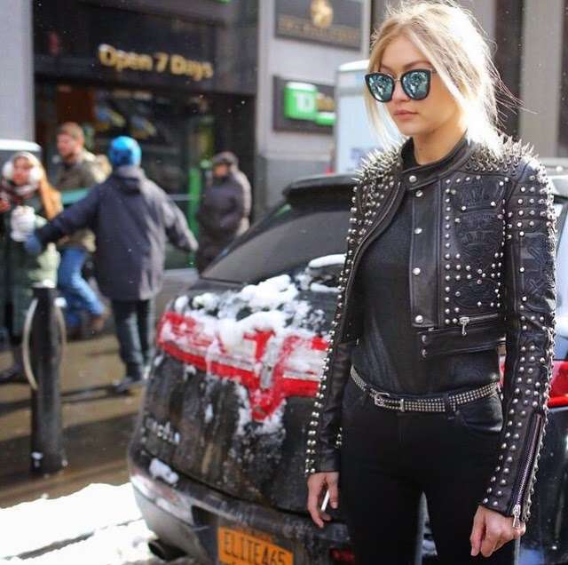 Gigi Hadid Street Style in Quay My Girl Sunglasses Diesel Jacket and Belt