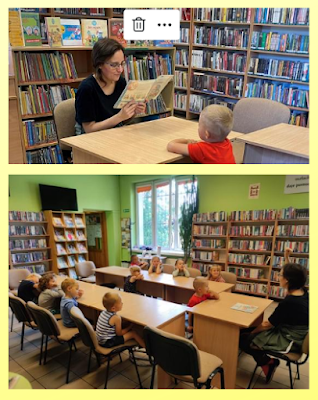 Tło żółte. Kolaż dwóch zdjęć. Zdjęcie 1 Pani bibliotekarka w okularch i czarnej bluzce trzyma w ręku książkę o przygodach Fenka pod tytułem Numer alarmowy. Czyta ją przedszkolakom. Siedzi przy prostokatnym beżowym stoliku z drugiej strony stolika siedzi chłopczykw czerwonej koszulce. Za panią bibliotekarką widać regały z książkami. Na regale stoją książki związane z tematem przeprowadzanej lekcji edukacyjnej: Bezpieczne wakacje. Zdjęcie 2. Przedstawia panią bibliotekarkę i calą grupę przedszkolną. Wszyscy siedzą przy beżowych drewnianych stolikach. na stoliku przed pania bibliotekarką lezy ksiażka. W tle widać regały z ksiązkiami i regał z czasopismami i okno. na regale w czasopismami stoi telewizor.