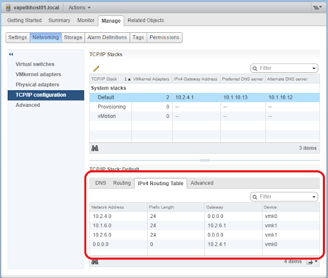 vSphere Web Client showing updated routing table.