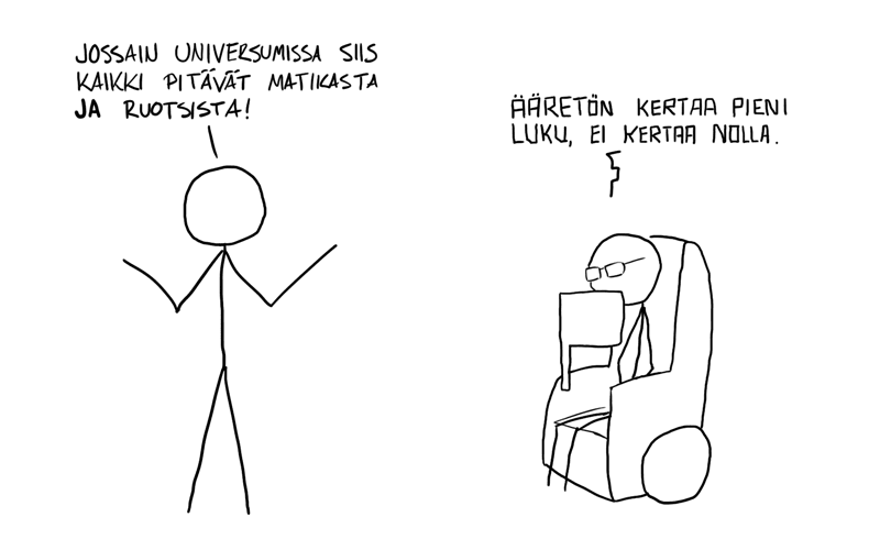 - Jossain universumissa siis kaikki pitävät matikasta JA ruotsista! - Ääretön kertaa pieni luku, ei kertaa nolla.