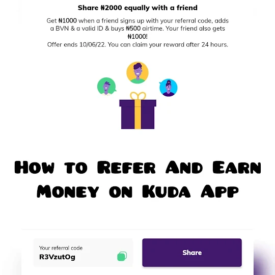 Kuda referral page; copy and share invite code