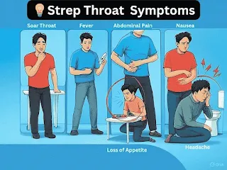 An infographic illustrating symptoms of strep throat with six labeled sections. The symptoms include a sore throat (a person touching their throat in discomfort), fever (a person using a thermometer), abdominal pain (a person clutching their stomach), nausea (a person feeling sick with red pain indicators), loss of appetite (a person refusing food while sitting at a table), and headache (a person sitting on the floor holding their head in pain near a toilet).