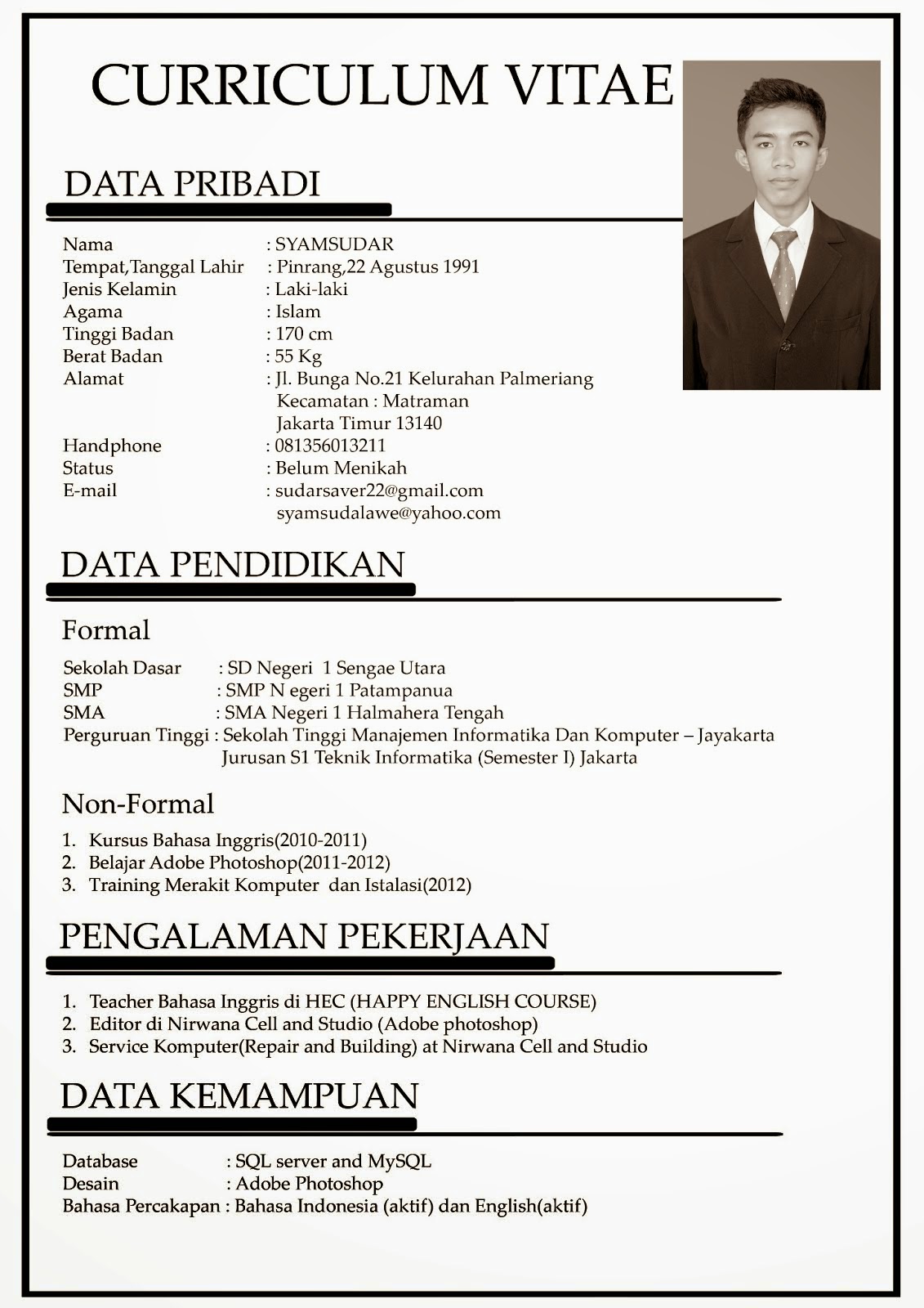 Contoh CV atau Daftar Riwayat Hidup Lamaran Kerja Bahasa Indonesia dan 