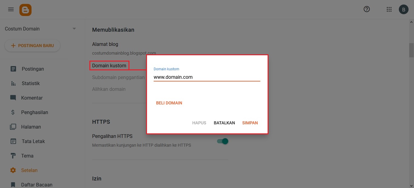 cara setting custom domain blogspot