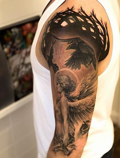 Men With Lady Crows Tattoo, Tattoo Of Men Lady Crows, Crows Surrounded Lady Tattoos, Lady With Crows Design For Men, Parts, Men, Women, Birds,