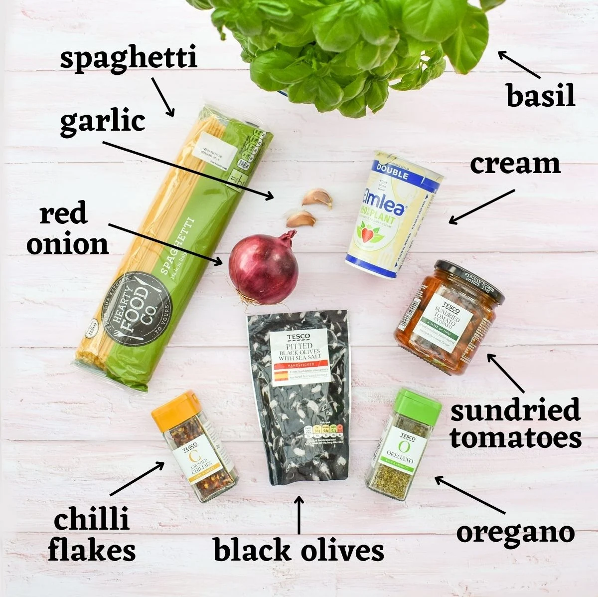 ingredients for sundried tomato spaghetti.