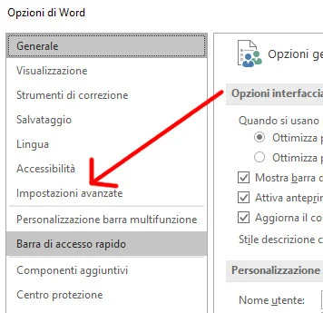 Opzioni avanzate in Word