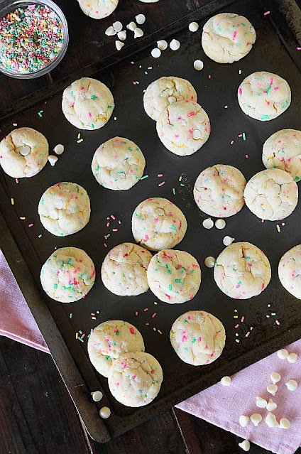 Top View of White Chocolate Funfetti Cake Mix Cookies on Baking Sheet Image