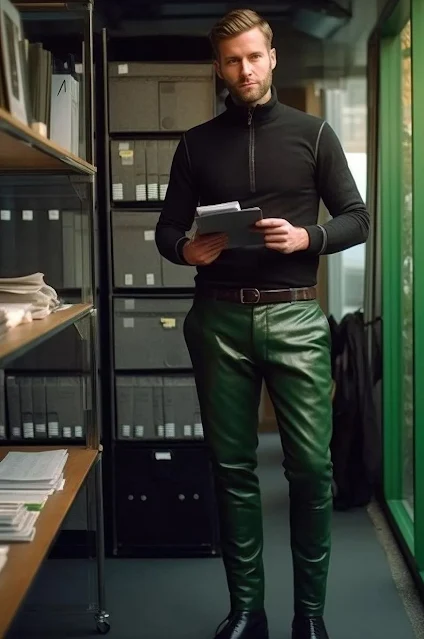 4/5 crappy man wearing a black sweater and green leather pants