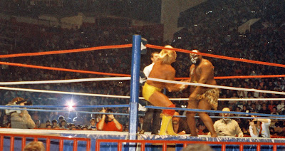 WWF wrestling champ Hulk Hogan and Kamala the Ugandan Giant trade shots at Maple Leaf Gardens in Toronto in late 1986.