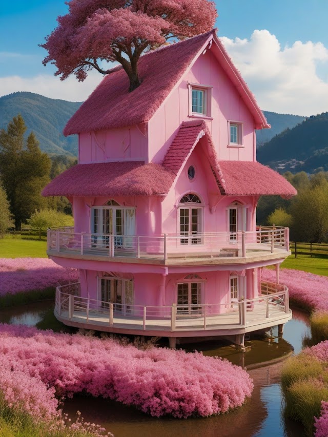 The Charm of the Pink House with a Pink Roof and a Pink Tree in the Middle of a Pond