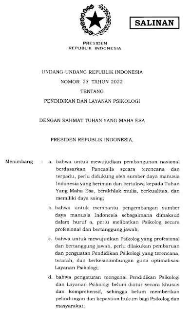 UU - Undang-Undang Nomor 23 Tahun 2022 Tentang Pendidikan Dan Layanan Psikologi