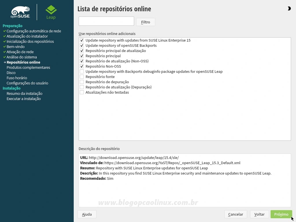 Será exibido uma lista com os repositórios oficiais do openSUSE Leap