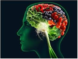 Imagen de un cerebro que contiene alimentos beneficiosos para la salud mental