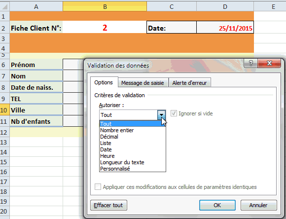 Validation de données liste