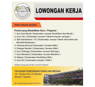 Rekrutmen Lowongan Kerja Terbaru Medan SMA/SMK D3 S1 November 2019