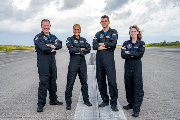 Astronauts Christopher Sembroski, Sian Proctor, Jared Isaacman and Hayley Arceneaux pose at the Launch and Landing Facility after arriving in Florida to prepare for the launch of their Inspiration4 mission...on September 9, 2021.