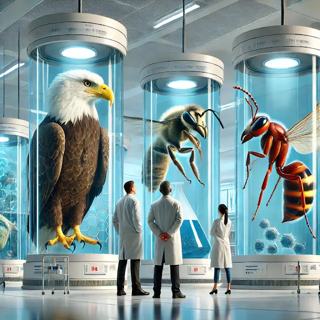 A futuristic laboratory scene featuring a giant eagle, ant, and bee contained in high-tech glass cylinders, observed by two scientists with curiosity. The sterile lab has a cool blue glow, reflecting off advanced scientific equipment.