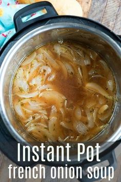 I've got the easiest pressure cooker french onion soup topped with french bread and cheese for you! Done in just 3 minutes in your Instant Pot. #instantpot #pressurecooker #frenchonionsoup #onion #soup #healthy #glutenfree #vegetarian #easyhealthyrecipes