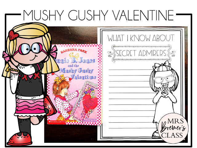 Junie B Jones and the Mushy Gushy Valentine novel study book activities unit with companion printables, reading comprehension worksheets, and literacy lesson ideas for First Grade and Second Grade