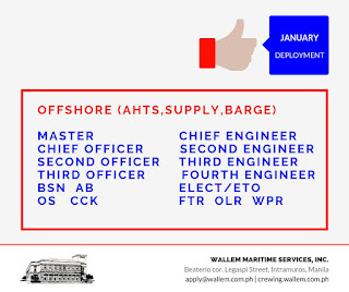 SEAMAN JOBS VACANCY - Opening hiring seaman crew on offshore ahts, supply, barge, bulk carrier, LPG, oil chemical tanker ship deployment in January 2018.