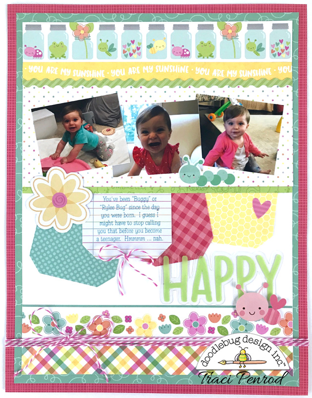 Happy Spring Scrapbook Layout with flowers, bugs, & twine