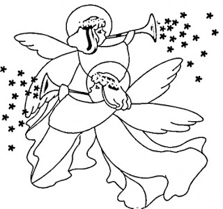 Christmas Angels singing coloring page at baby Jesus