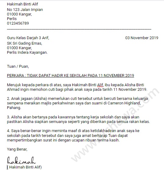 Surat Rasmi Ibu Sakit - Puasa 6