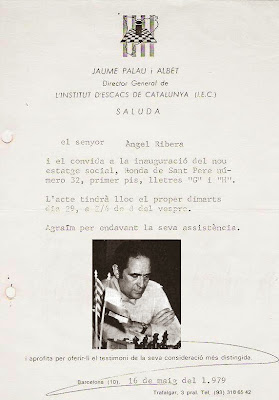 Invitación para Ángel Ribera a la inauguración del Institut d’Escacs de Catalunya (I.E.C.) en 1979