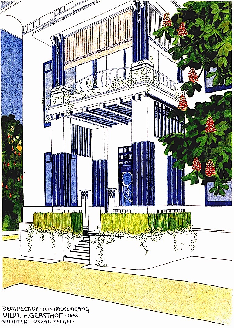 1902 secession architecture, a color drawing of Perspective zum Haufeingang Villa by Oskar Felgel