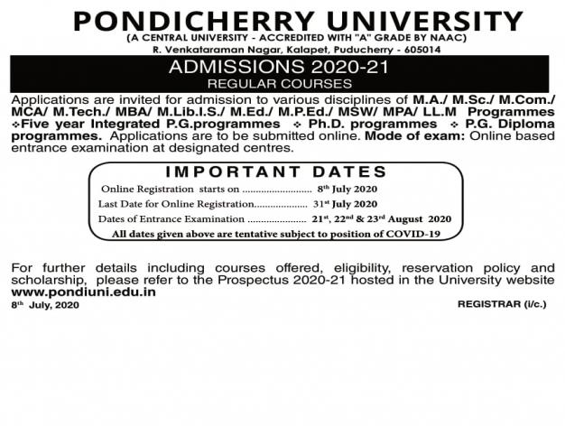Admissions 2020-21 for Ph.D (Law )and LL.M at Pondicherry University  (a Central University)