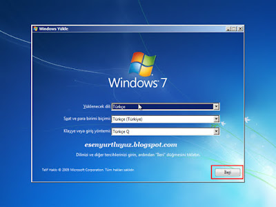 windows 7 kurulum dil seçenekleri