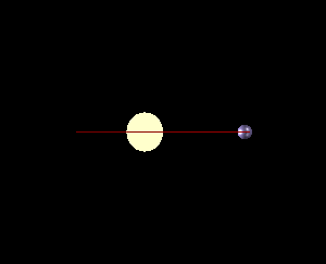 An orbiting planet (small blue ball) causes a star (large yellow ball) to orbit slightly off-center.