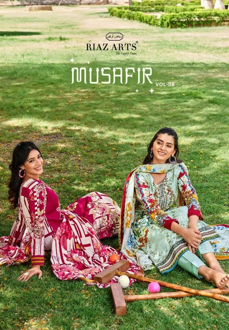 Musafir Vol 8 Riaz Art Cambric Lawn Embroidery Work Karachi Salwar Suits