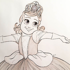 Black and white in drawing of a smiling little girl dressed like a princess in a ballgown and tiara