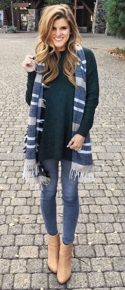 incredible fall outfit idea / scarf + sweater + skinny jeans + boots