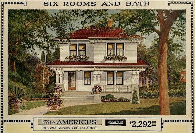 color rendering of front view, Sears Americus 1923 Sears Modern Homes catalog