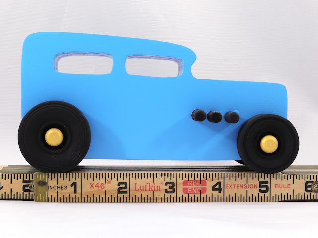 Wood Toy Car, Hot Rod Classic 1932 Sedan, Handmade and Painted with Baby Blue, Metalic Gold, and Black Acrylic Paint