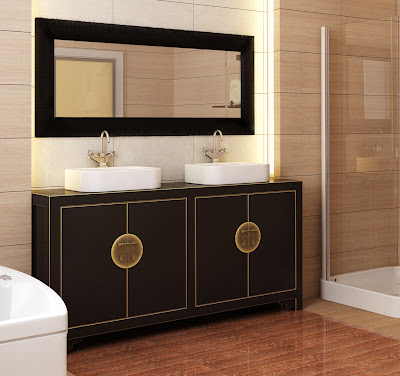Luxury asian bathroom with shower cabin and sinks with mirror and ...