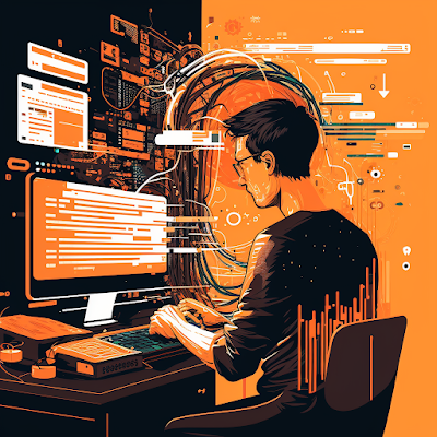 a person working on a complex IT issue while automation tools are being used to streamline other tasks in the background.